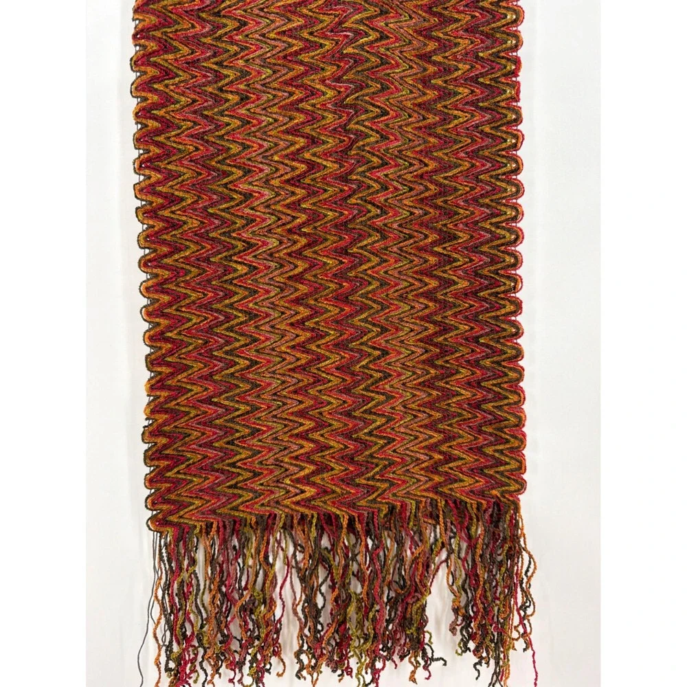 Filatess Como-Italia Scarf Red Orange Chevron Zig Zag Knit Fringe Made in Italy